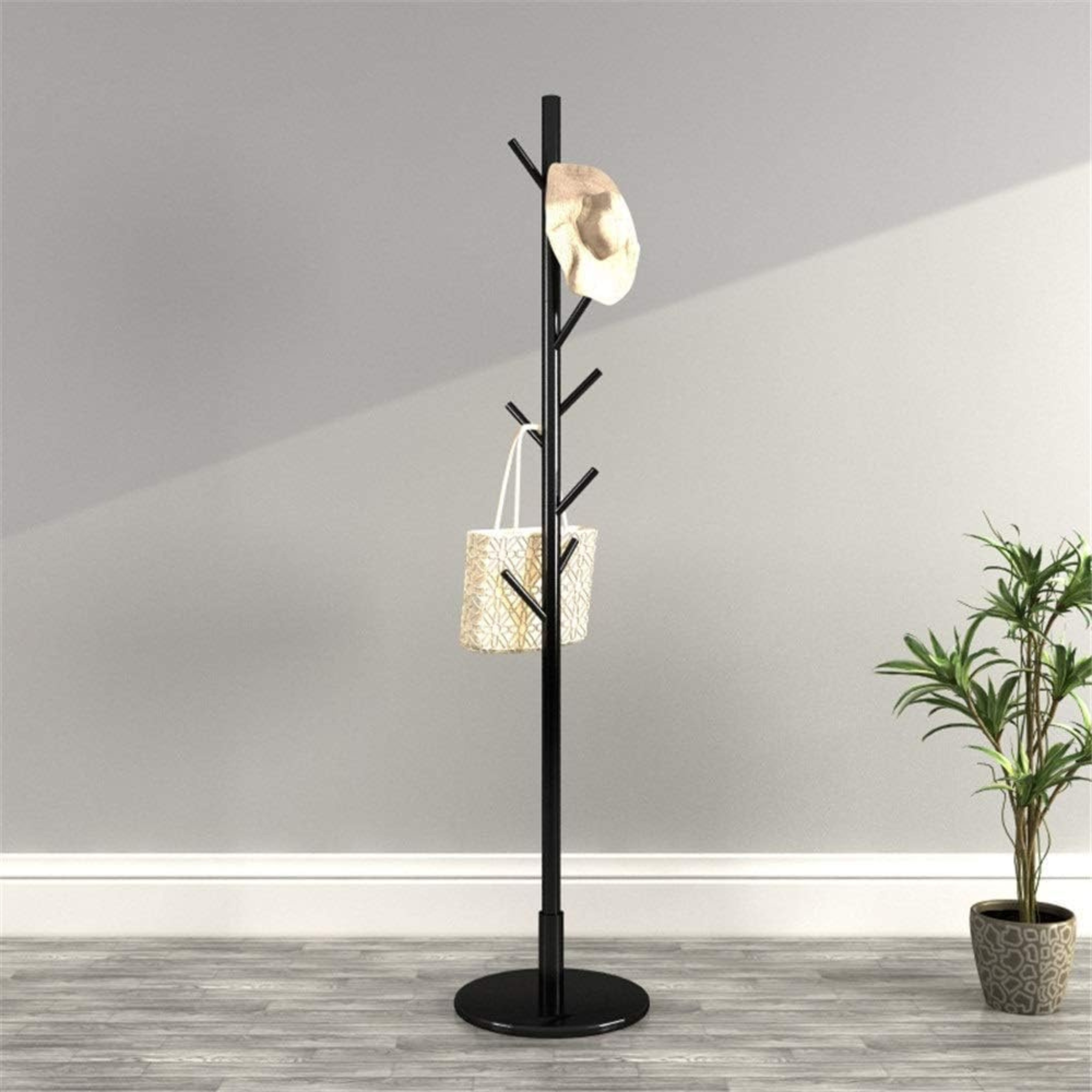 Straight Wooden Coat Hanger Clothes Stand with 8 Hooks Black