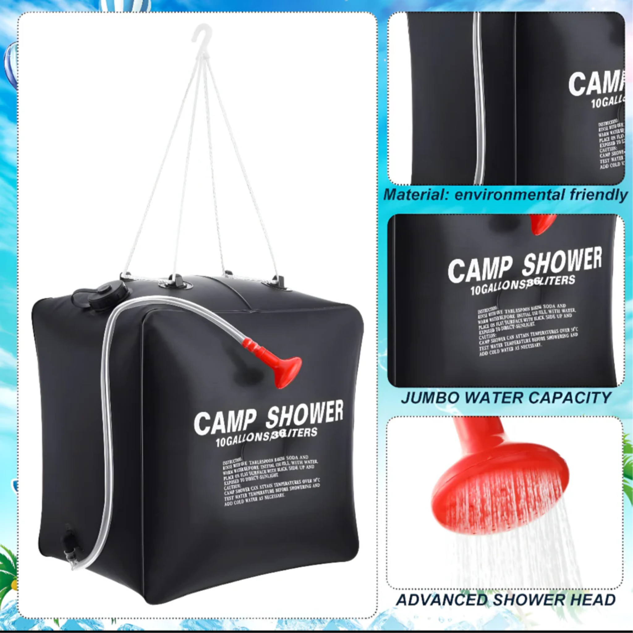 10 Gallon / 36 Liter Portable Camping Shower Bag with Removable Hose and On-Off Switch