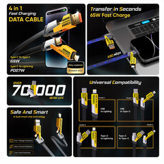 65W 4 IN 1 Braided Fast Charging Cable, USB A, USB C, Lightning Ports