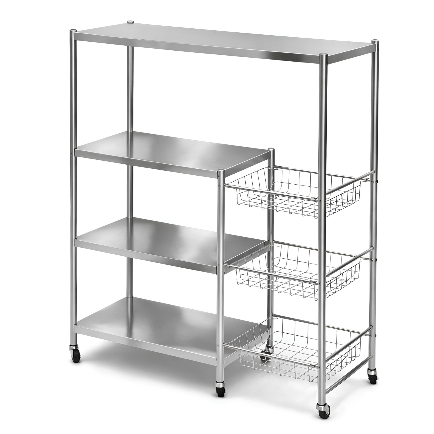 Full Stainless Steel Kitchen Utility Storage Rack with Mesh Baskets and Wheels