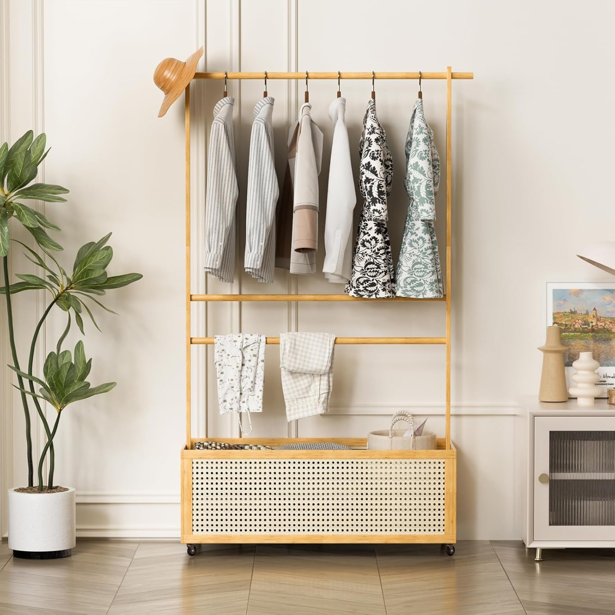 Bamboo Clothes Hanger with Bottom Laundry Basket and Wheels