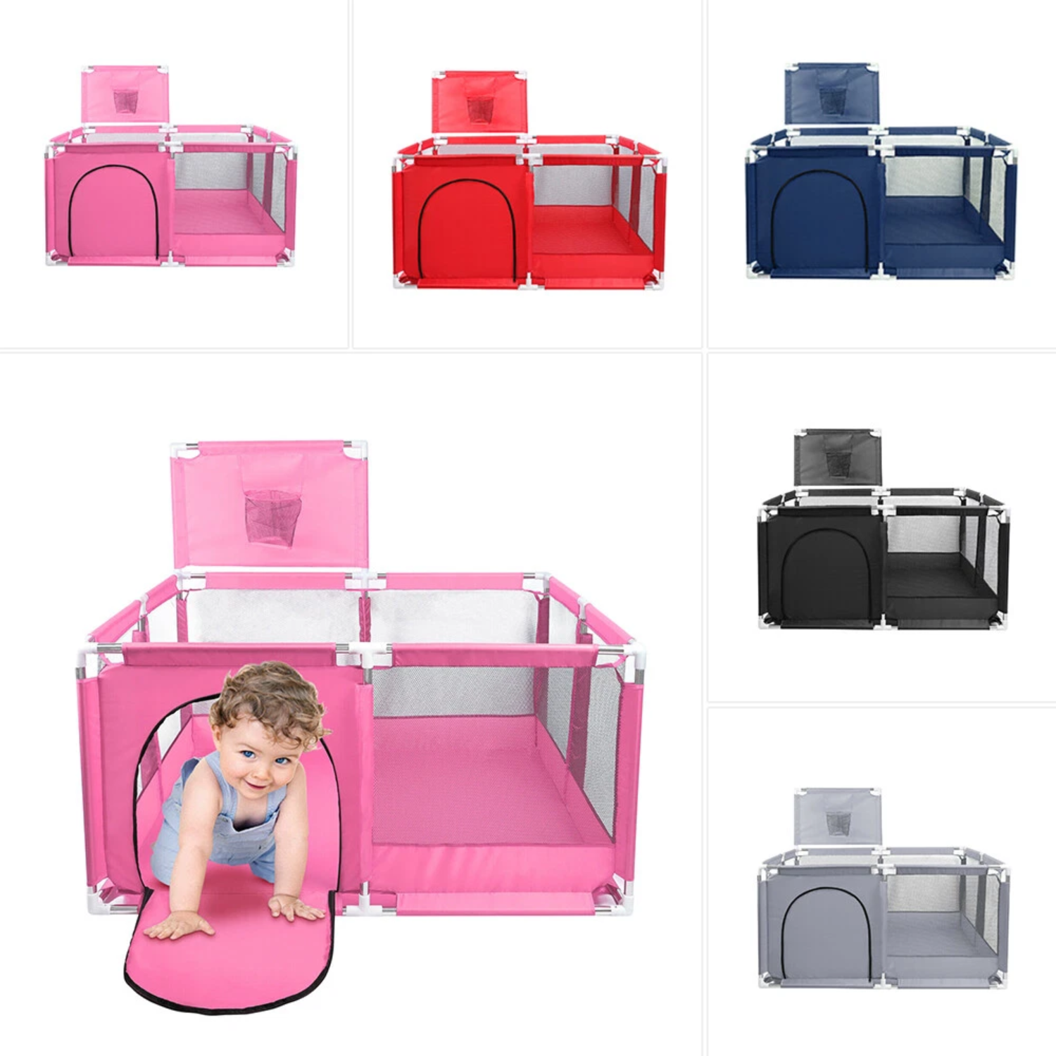 Baby Kids Playpen with Basketball Hoop, 126 x 126 cm Baby Play Yard Fence with 30 Balls