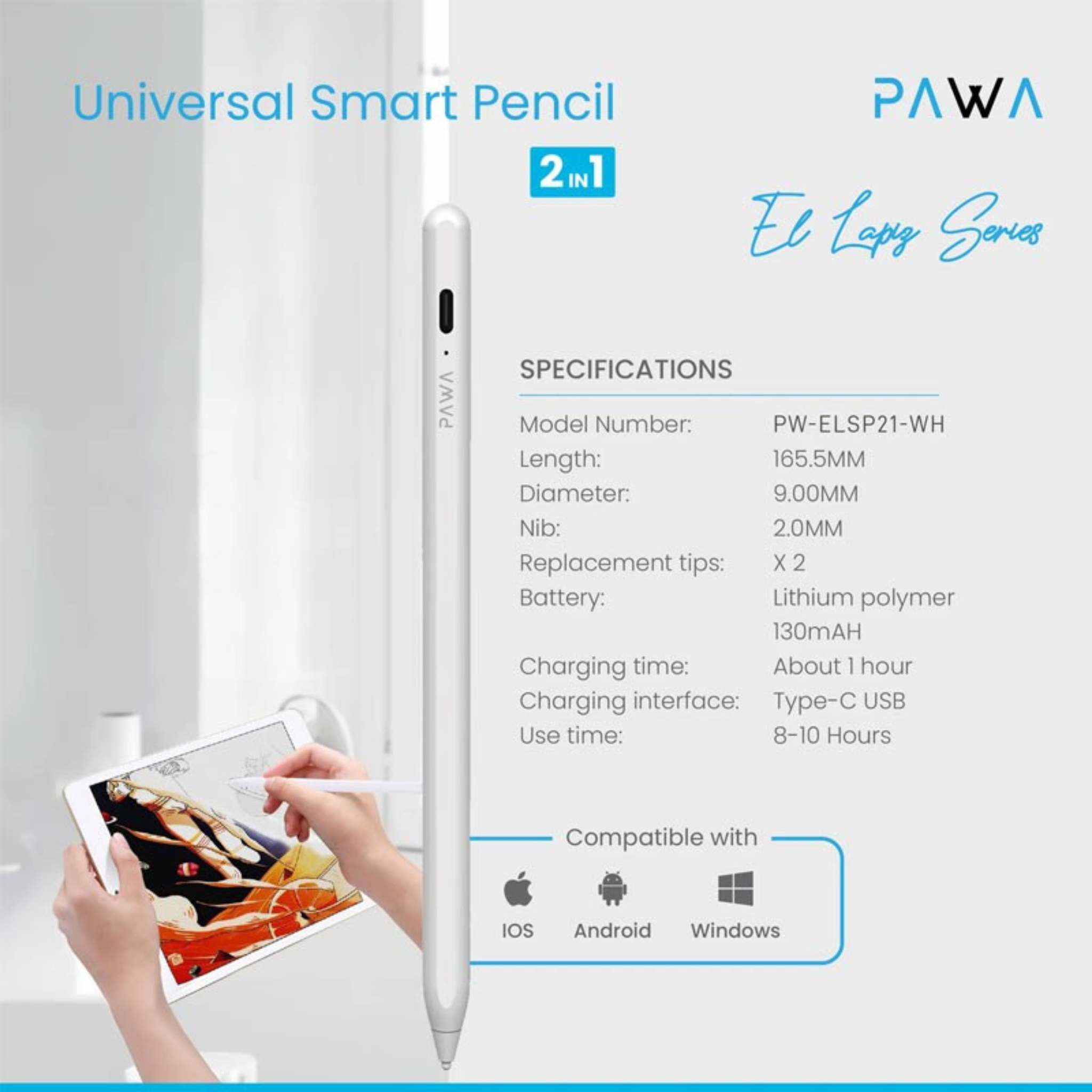 Pawa El Lapiz 2 IN 1 Universal Smart Pencil / Palm Rejection / Universal Stylus Pen