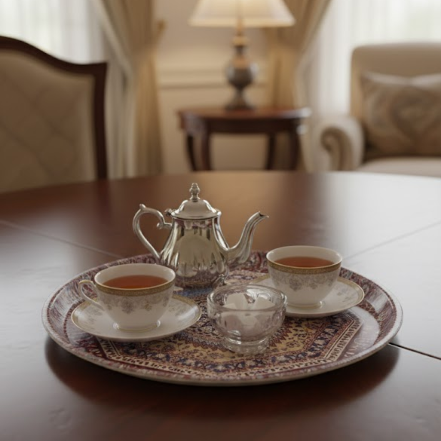 Round Tray with Art Work for Serving Tea and Arabic Coffee