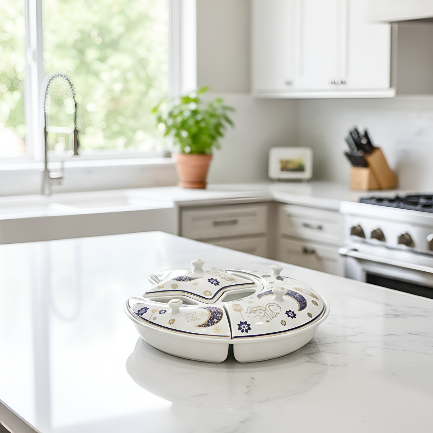 Ramadan Special Design Ceramic Multi Sectional Moon and Star Shaped Serving Tray for Dates Nuts Dried Fruits Sweets and Snacks