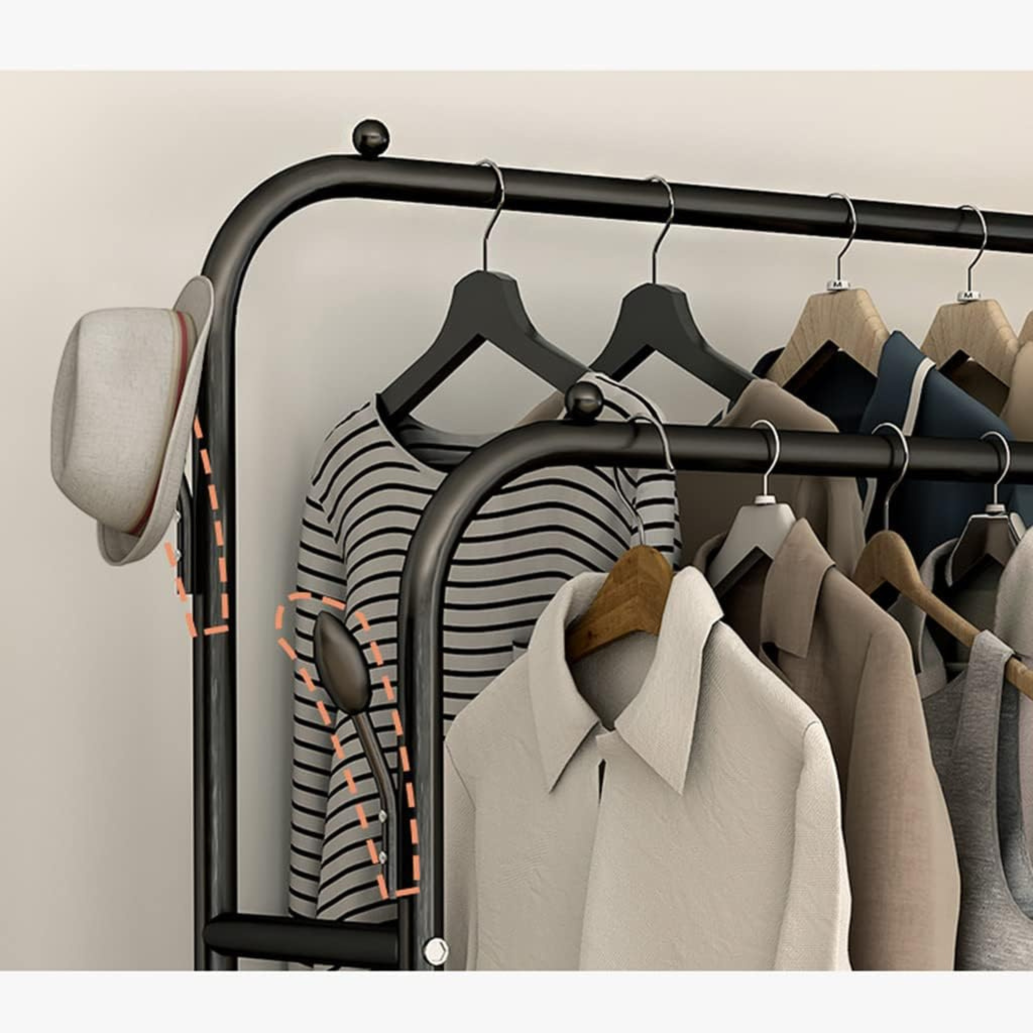 Double Pole Multifunctional 58Kg Double Layer Clothes Hanger with Wheels