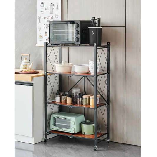 Heavy Duty Folding Storage Rack with Wooden Shelf for Kitchen and Home
