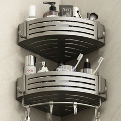 Wall Mounted Bathroom Corner Metal Organizer Shelf with Towel Hanger and Hooks