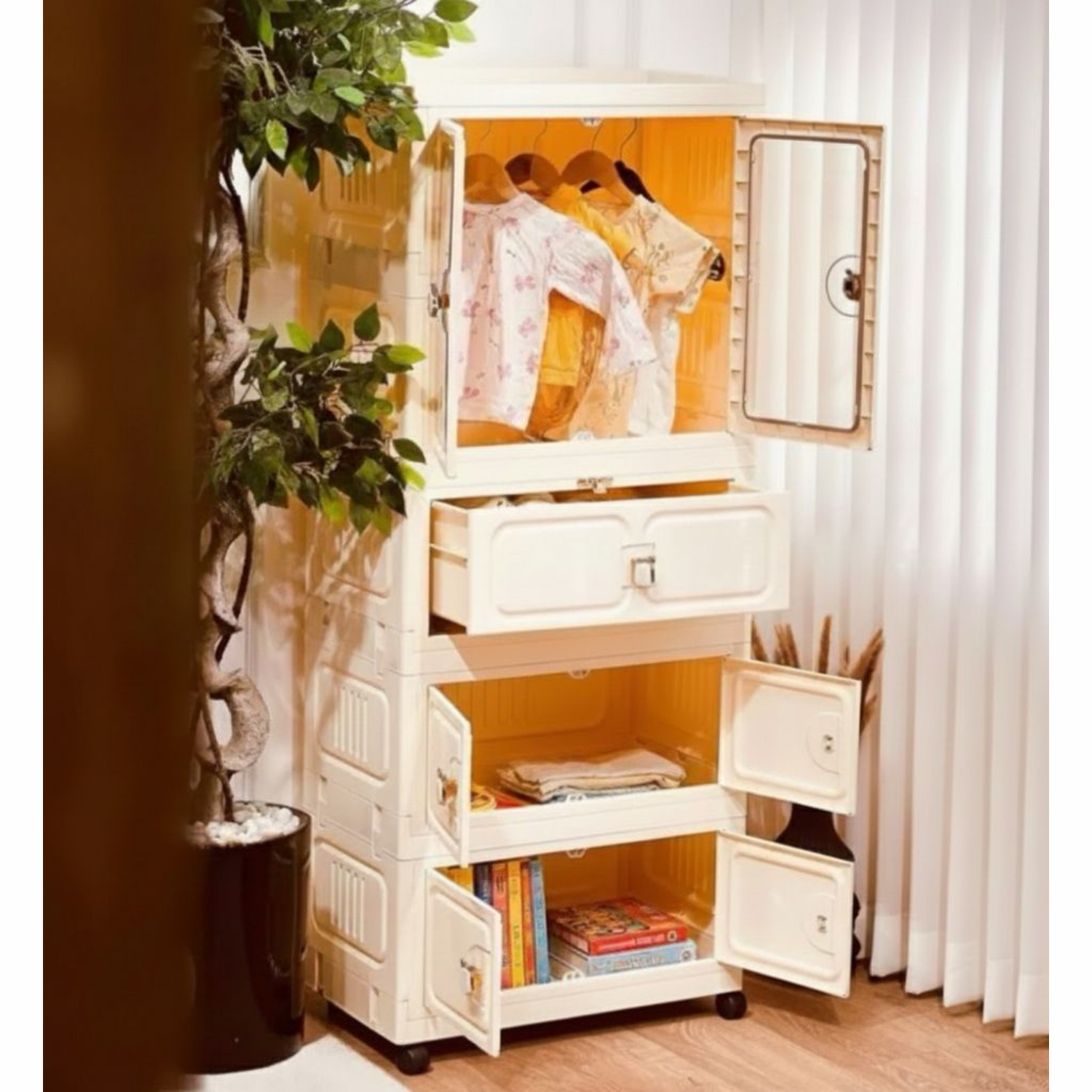Portable Wardrobe Cabinet with Wheels for Kids Toys and Baby Clothes