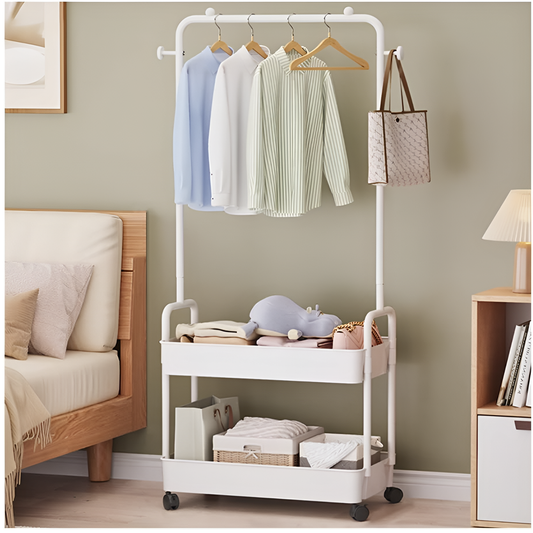 2 IN 1 Modern Clothes Hanging Stand with 2 Layer Organizer Area White