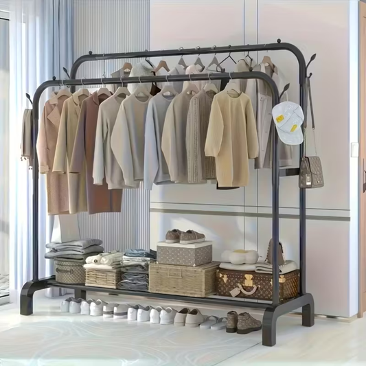 Double Pole Clothes Rack, 35Kg Load Capacity Clothes Hanger for Bedroom Black