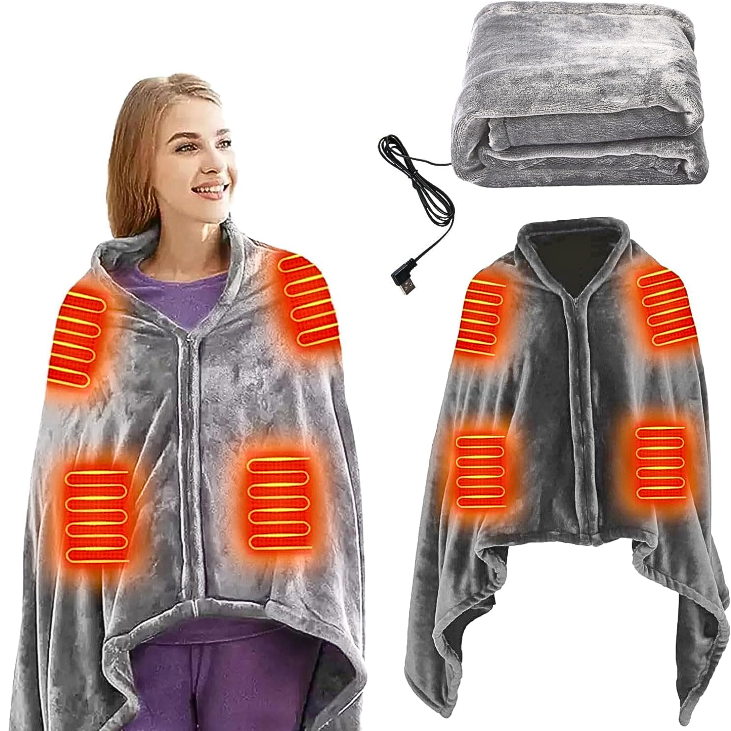 Portable USB Rechargeable Heating Outer Shawl Blanket with 3 Heating Levels