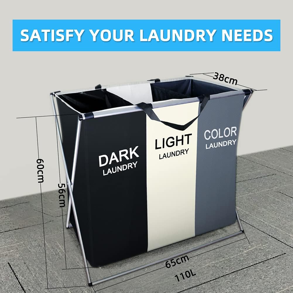 Three Compartments Clothes Sorting Collapsible Laundry Basket with Carry Handle