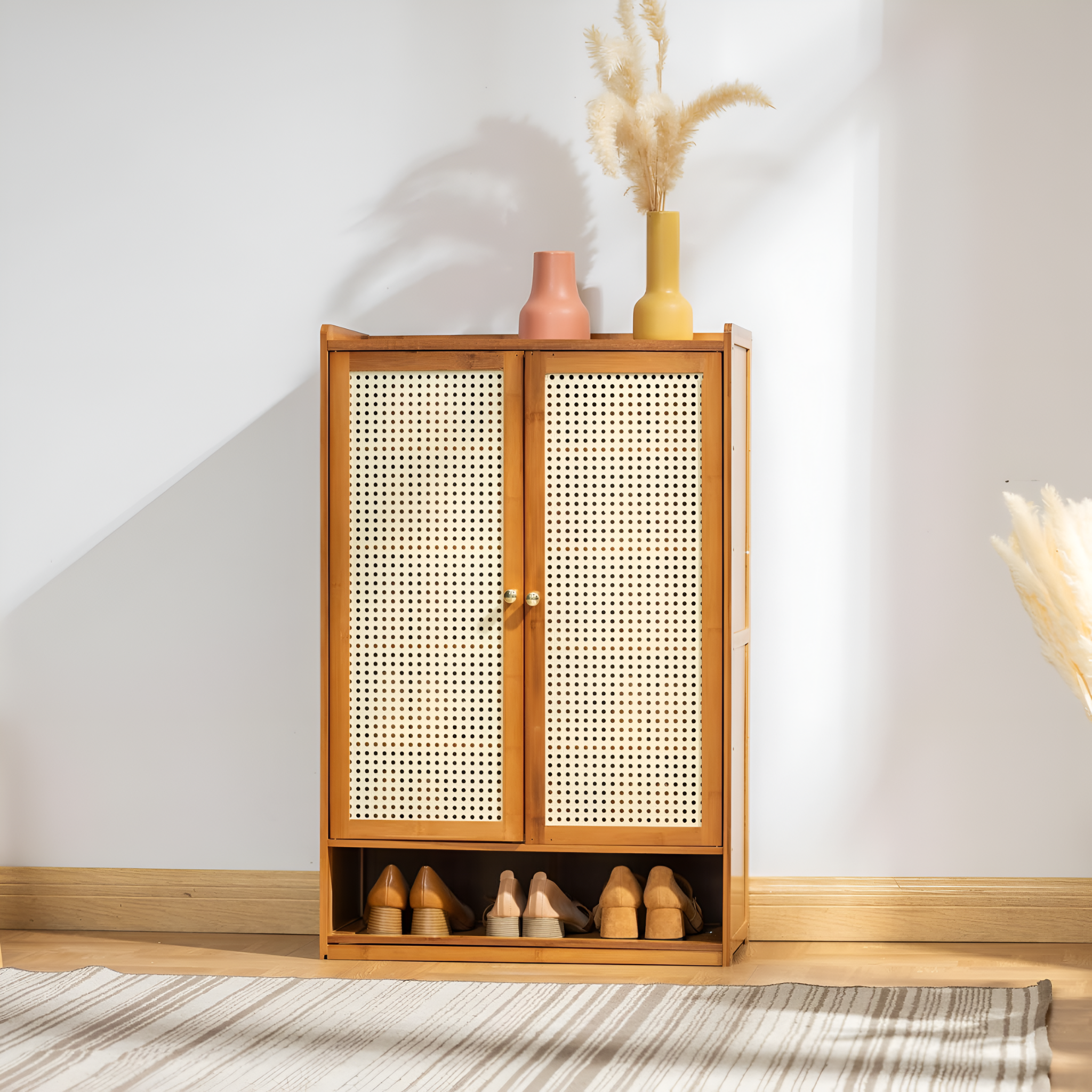 Wooden Shoe Rack with Retro Mesh Doors