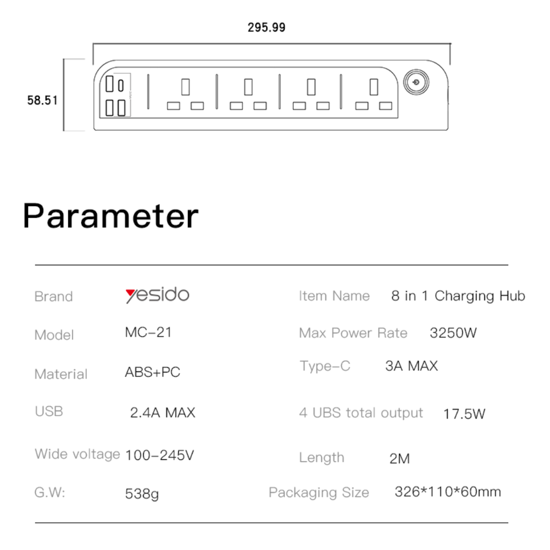 3250W Power Socket Extension with 15W Fast Charging Power Hub Yesido MC21