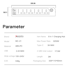 3250W Power Socket Extension with 15W Fast Charging Power Hub Yesido MC21