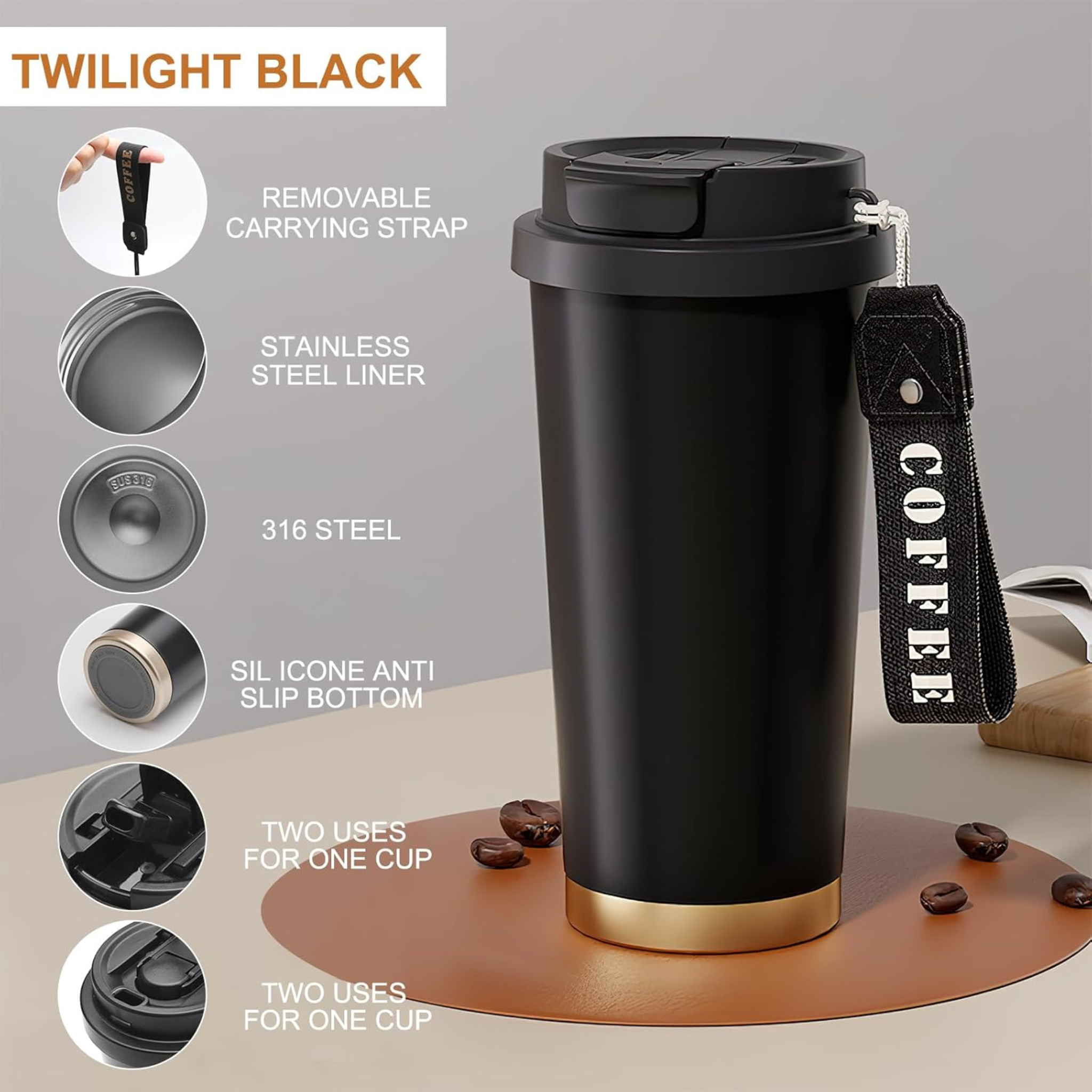 530ml Double Wall Vacuum Insulated Tumbler Coffee Mug with Lid and Straw