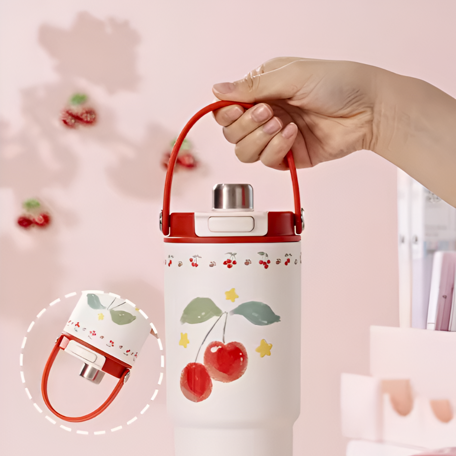 Diller Cherry Cartoon 900ml Insulated Thermal Vacuum Tumbler Ceramic Liner Portable Water Flask
