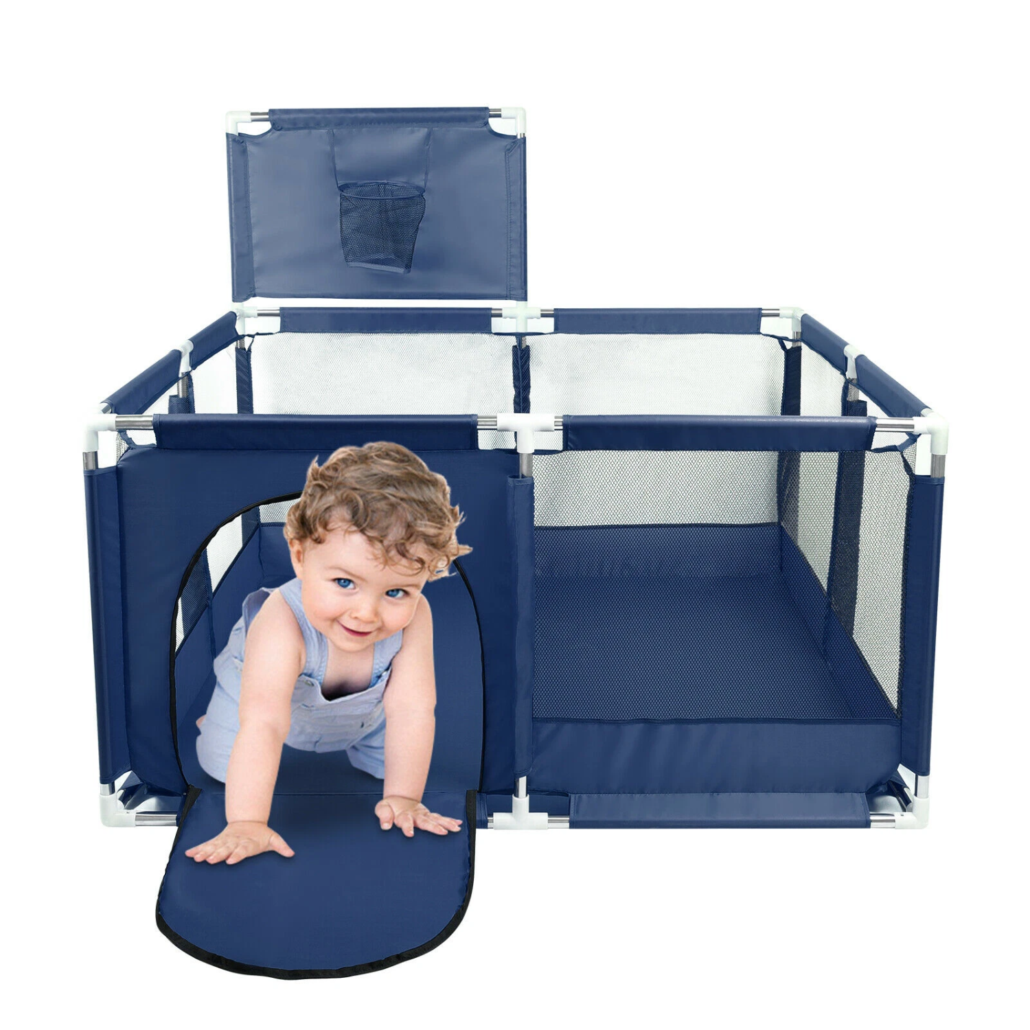 Baby Kids Playpen with Basketball Hoop, 126 x 126 cm Baby Play Yard Fence with 30 Balls Blue