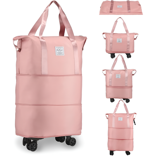 Foldable Expandable Travel Duffel Bag with Wheels Large Capacity Pink