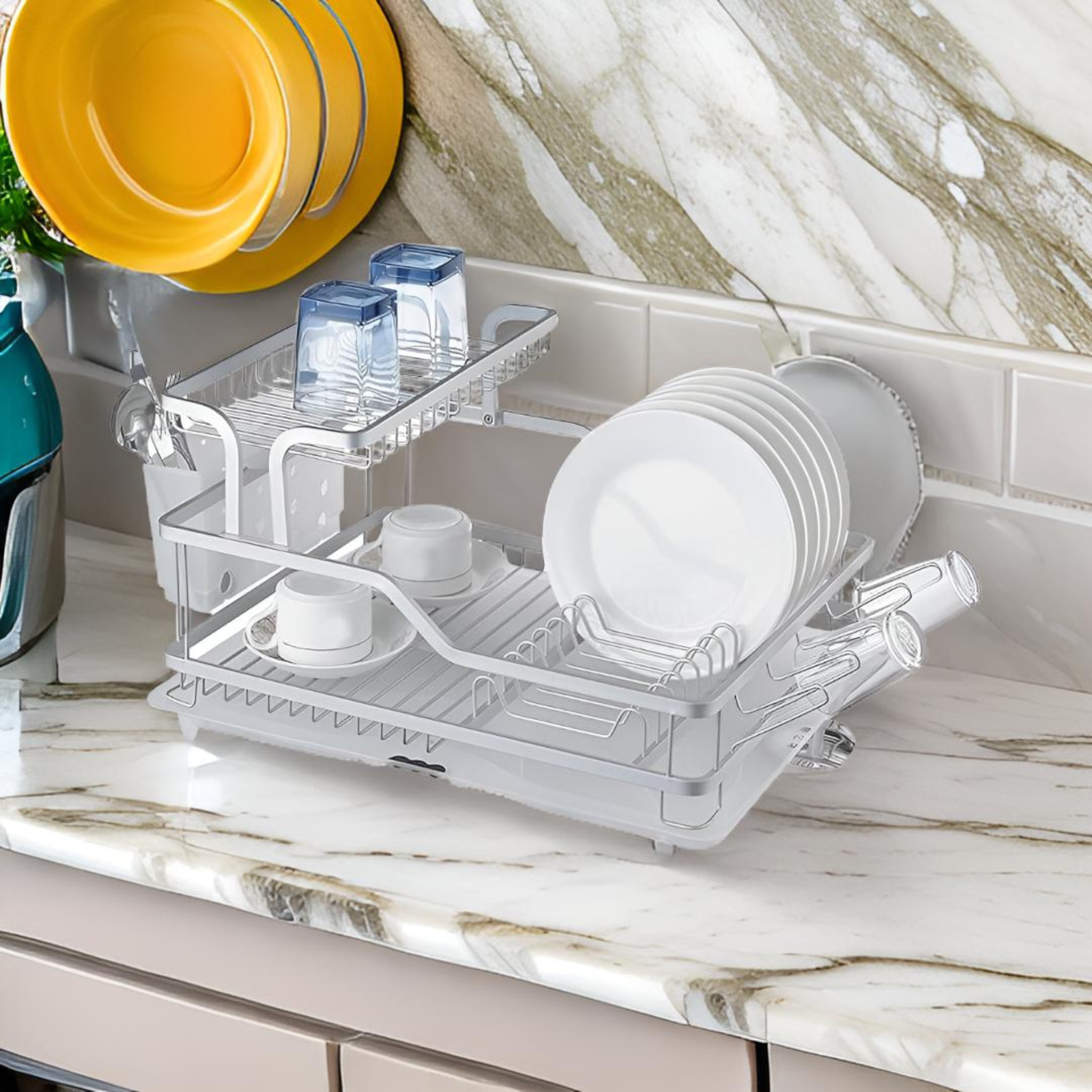 Dish Drying Rack with Drainboard and Cup Holder