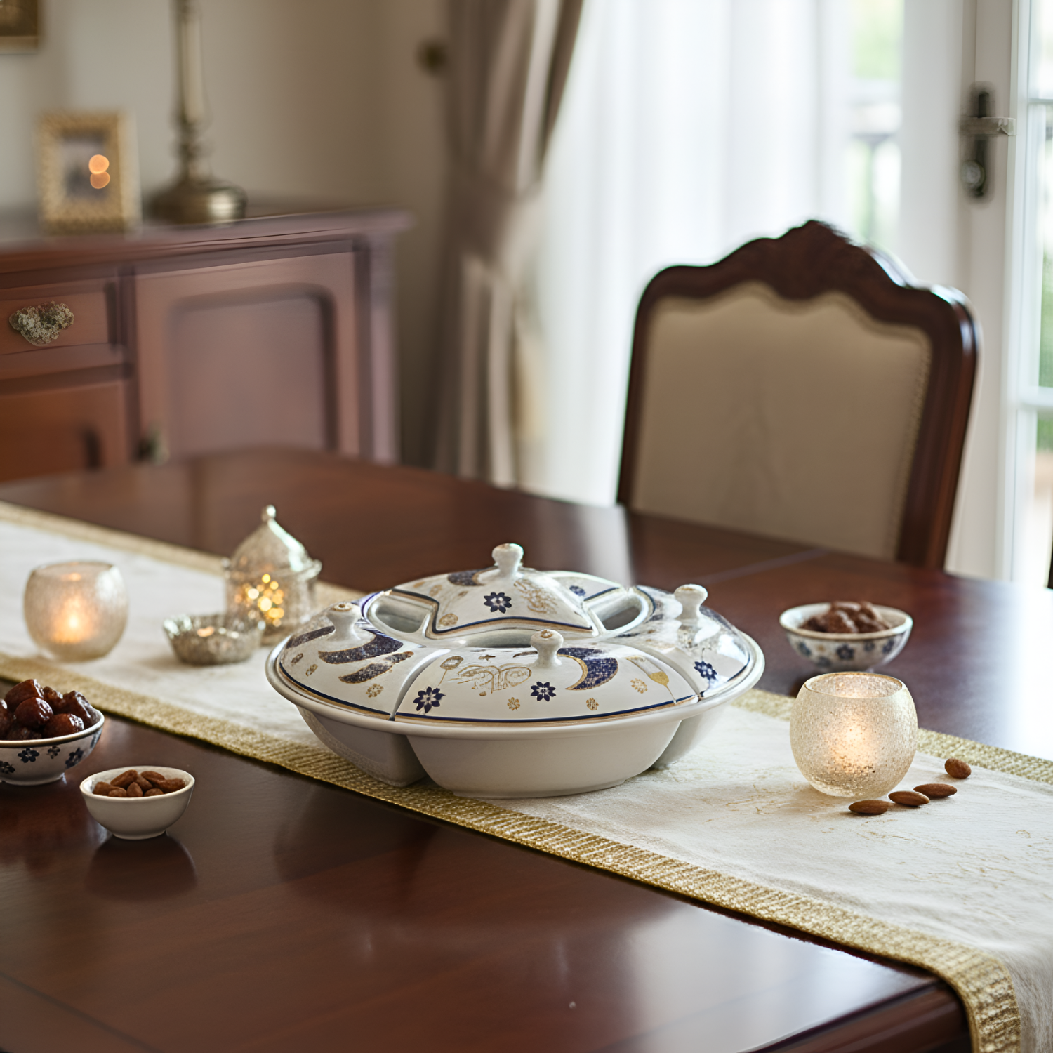 Ramadan Special Design Ceramic Multi Sectional Moon and Star Shaped Serving Tray for Dates Nuts Dried Fruits Sweets and Snacks