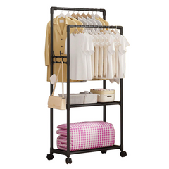 Double Clothes & Coat Hanging Rack with Storage Shelf and Wheel