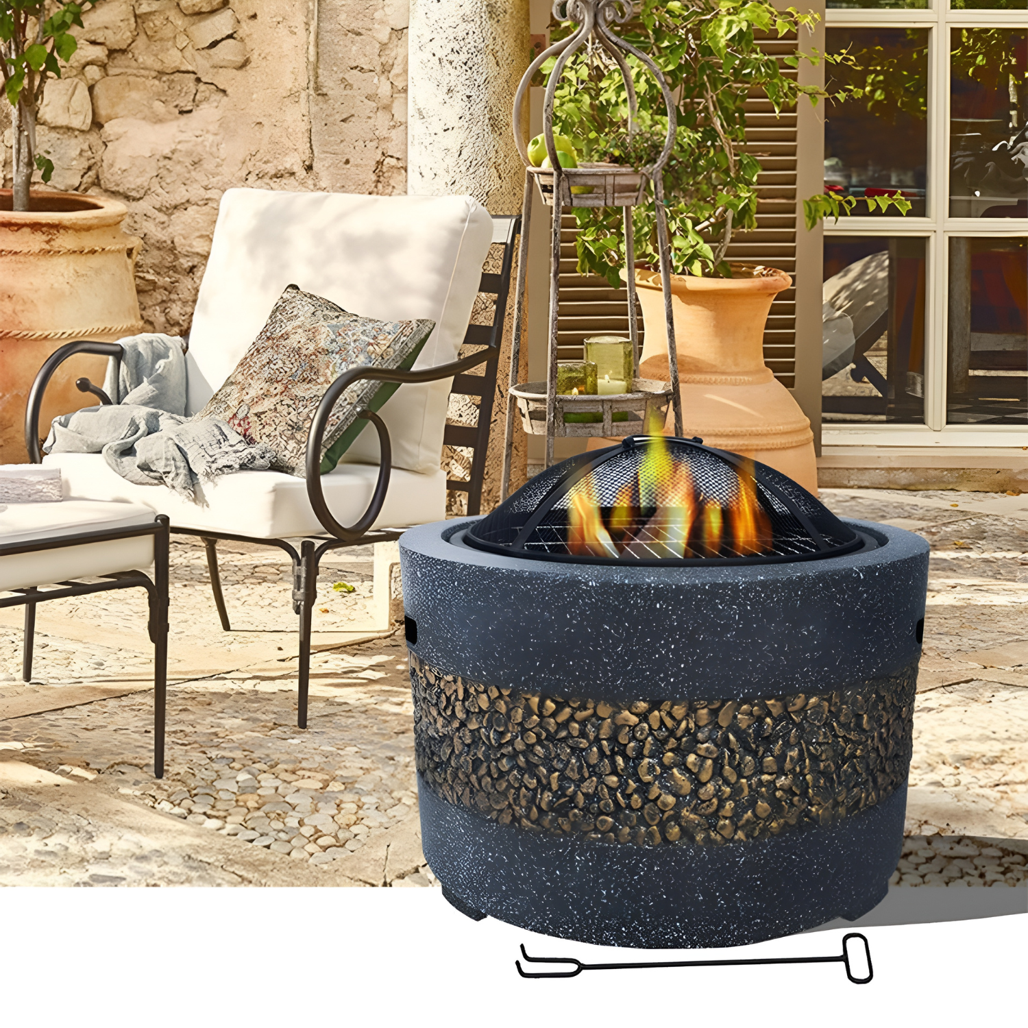 Outdoor Fire Pit with Artificial Stone Edging 56 x 56 x 36 cm