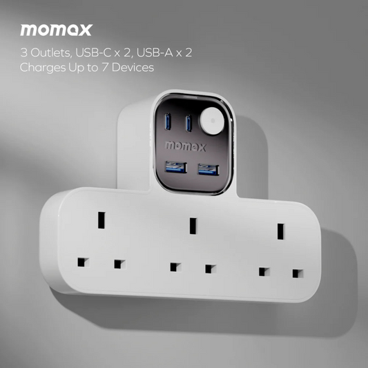كابل تمديد Momax 1-Charge Work Flow على شكل حرف T مع 3 مقابس، 2 منفذ USB-A و2 منفذ USB-C