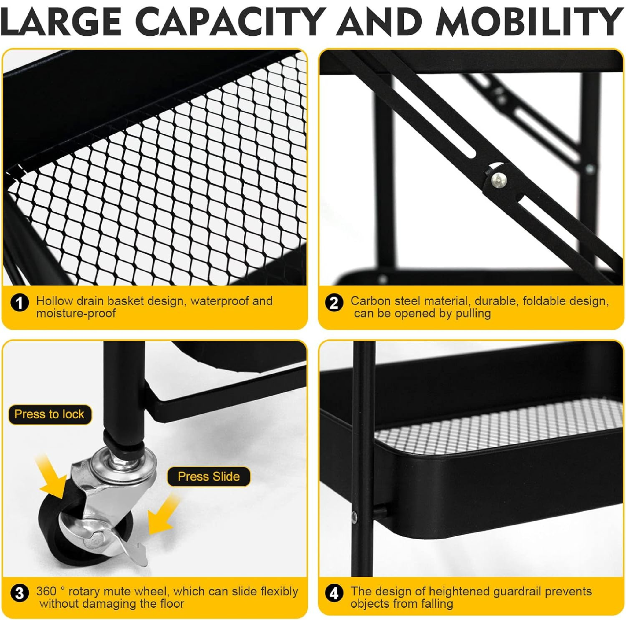 3 Tier Folding Kitchen Storage Trolley Organizer Rack with Locking Wheels