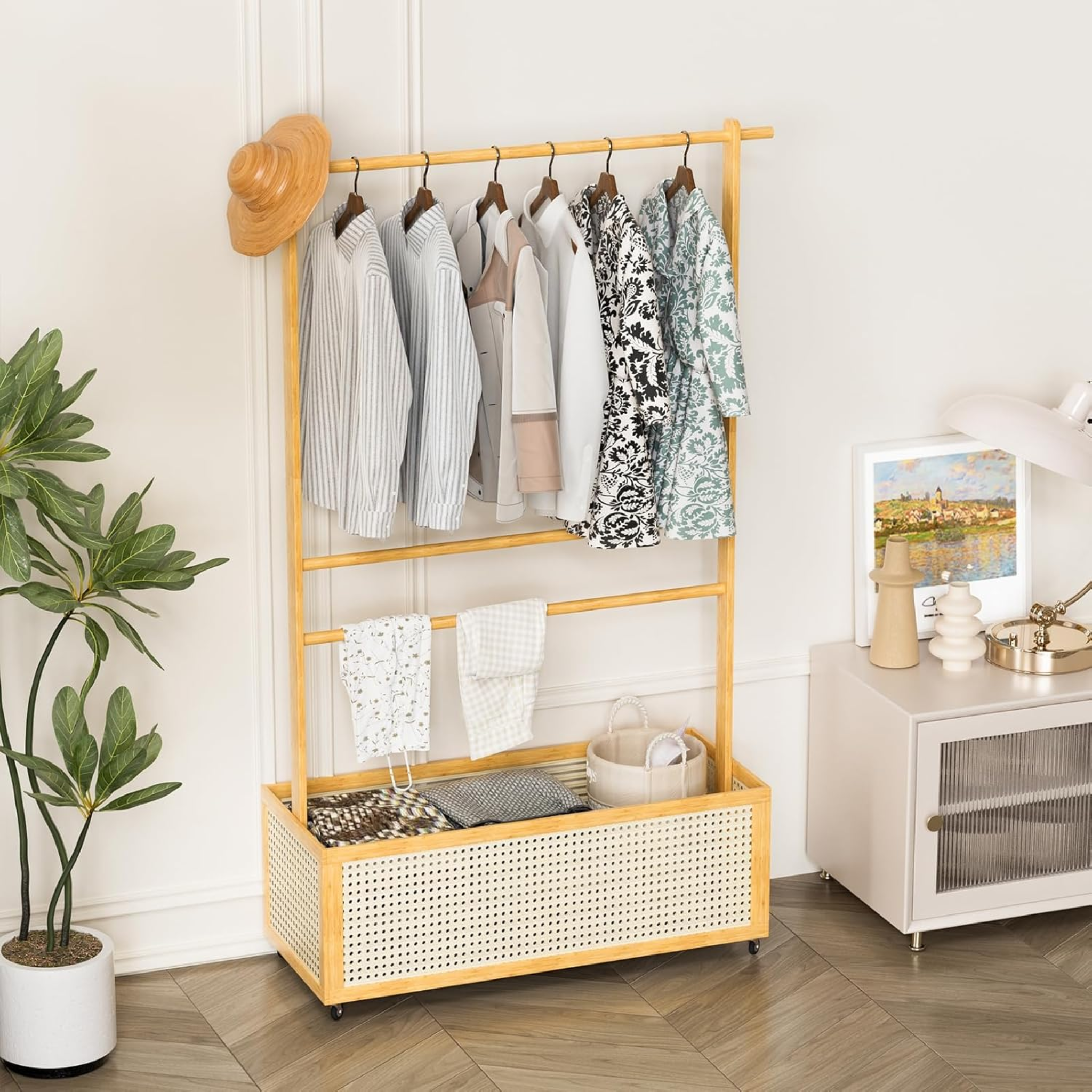 Bamboo Clothes Hanger with Bottom Laundry Basket and Wheels