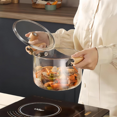 Heat Resistant Transparent Glass Pot with Lid and Wooden Handle Heat Resistant Transparent Glass Pot with Lid and Wooden Handle