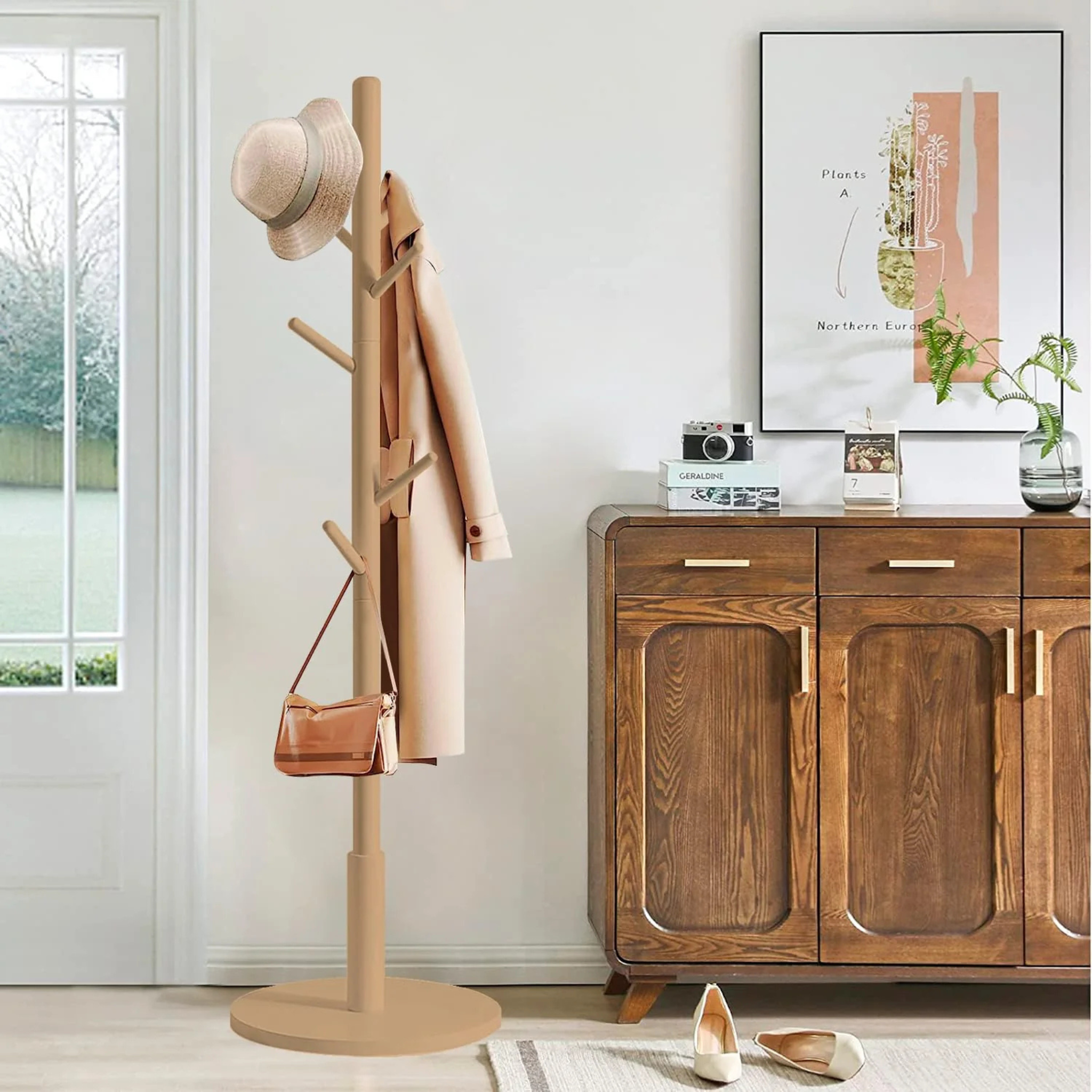 Straight Wooden Coat Hanger Clothes Stand with 8 Hooks