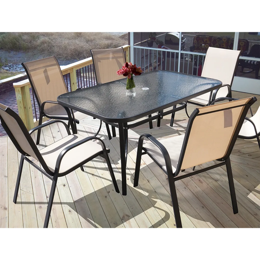 6 Seater Steel and Textilene Chairs with Center Glass Table Patio Garden Furniture