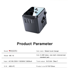 Yesido MC10 Universal Travel Adapter - UK/EU/US/AUS Plugs, 3 USB + 1 USB-C Port Yesido MC10 Universal Travel Adapter - UK/EU/US/AUS Plugs, 3 USB + 1 USB-C Port