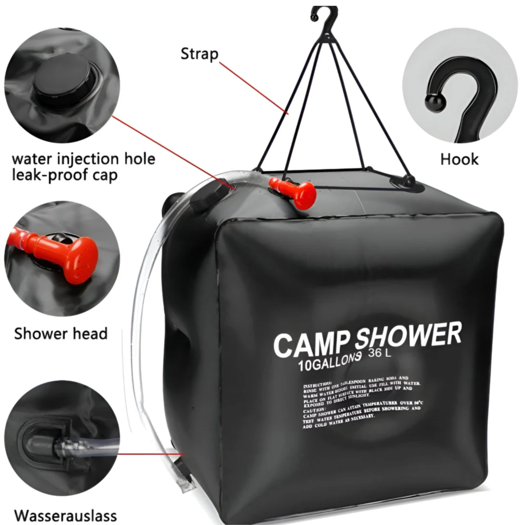 10 Gallon / 36 Liter Portable Camping Shower Bag with Removable Hose and On-Off Switch