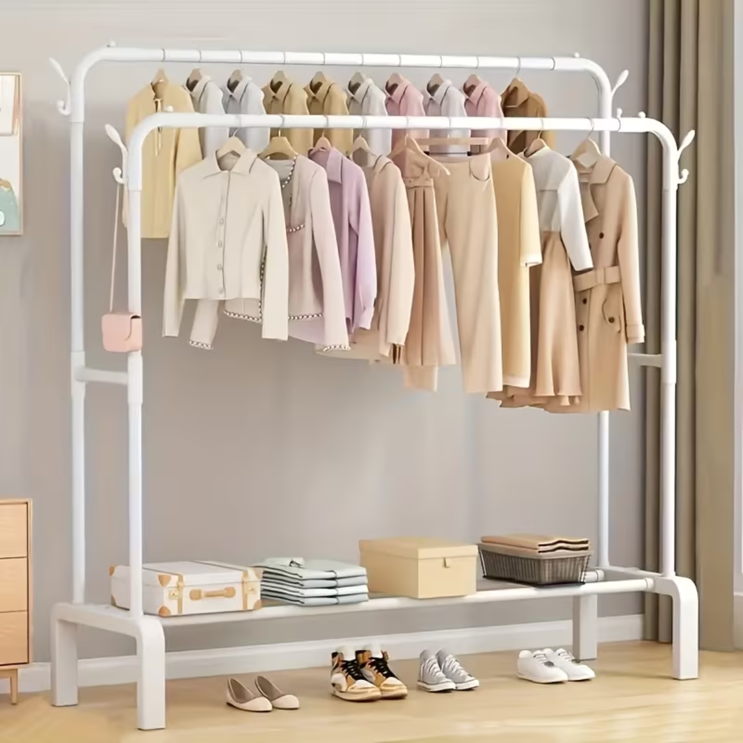 Double Pole Clothes Rack, 35Kg Load Capacity Clothes Hanger for Bedroom White