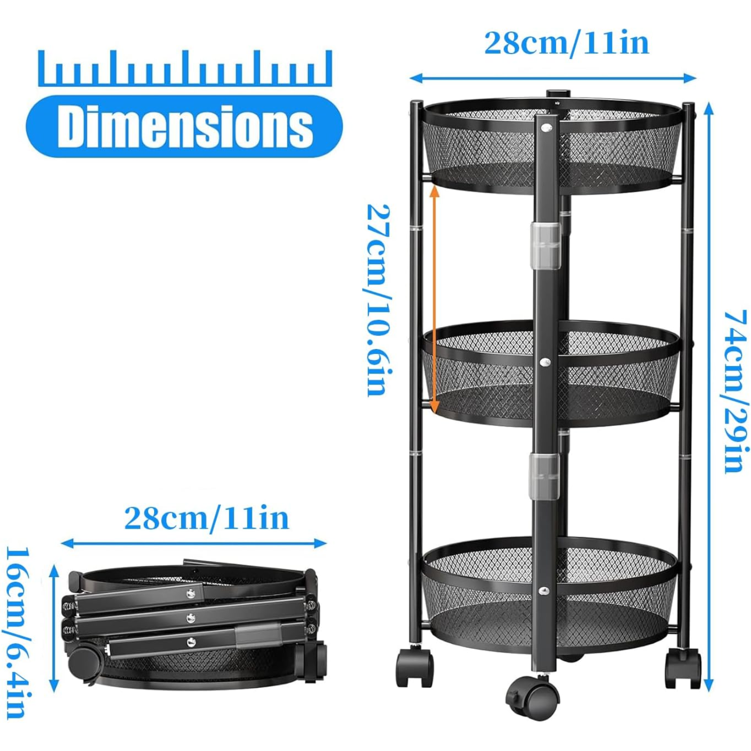 3 Layer Collapsible Folding Vegetables and Fruits Storage Rack Basket with Wheels
