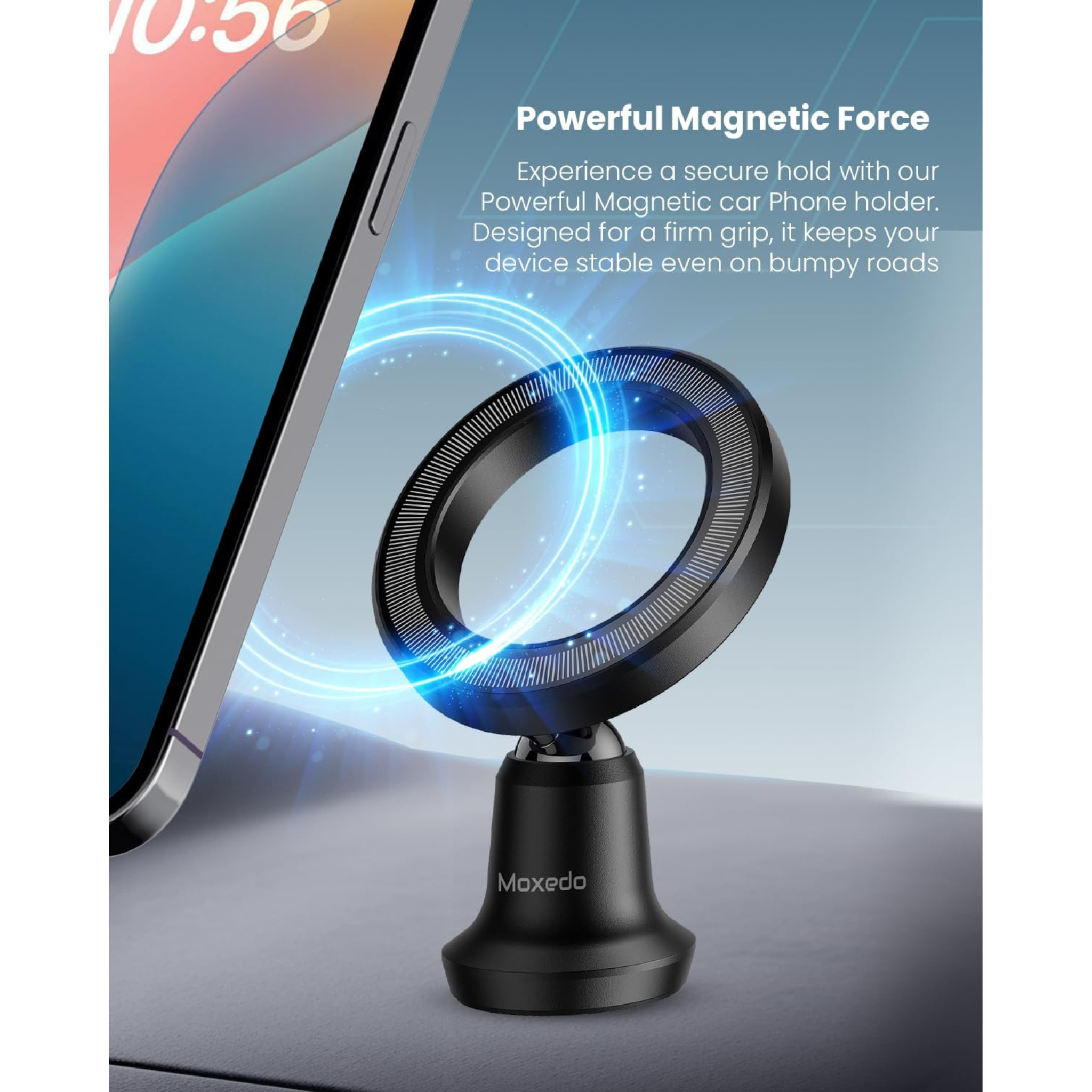Moxedo Magnetic Car Phone Holder for Dashboard | 360° Rotating Snap-On Mount with Strong Magnets