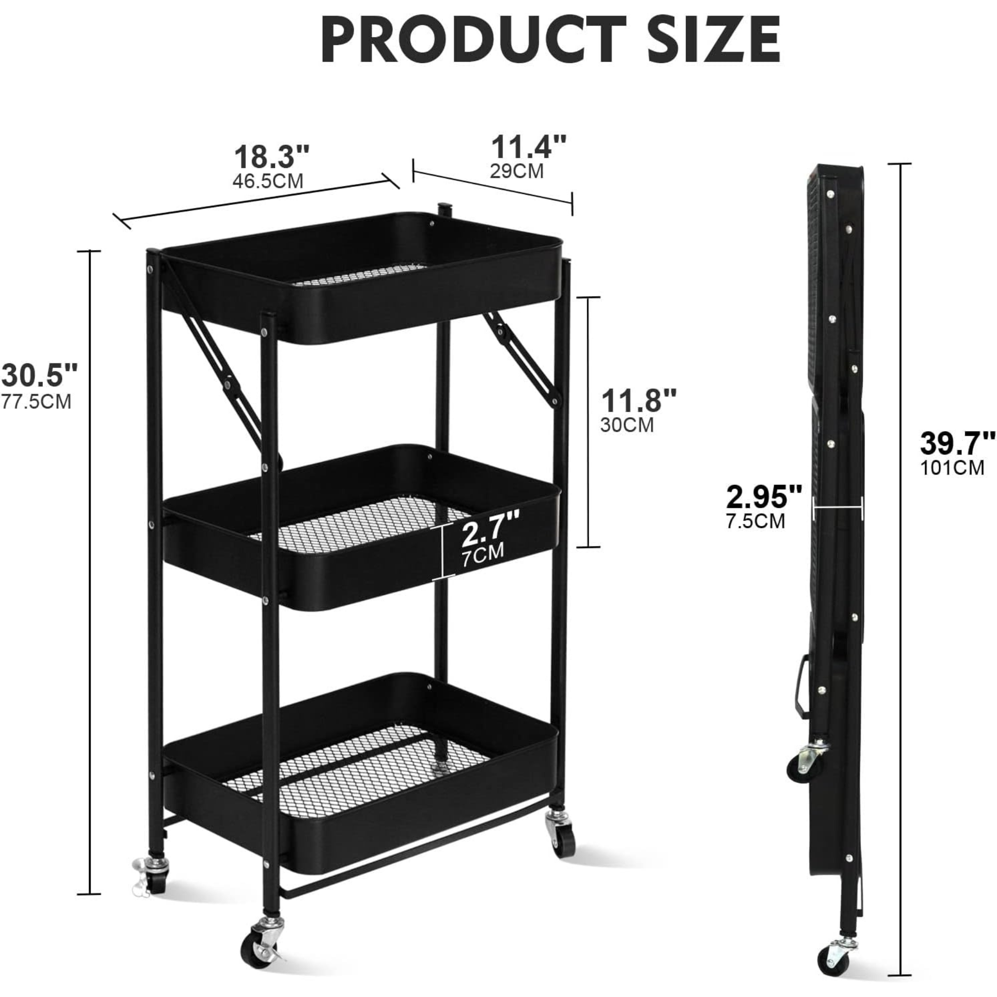 3 Tier Folding Kitchen Storage Trolley Organizer Rack with Locking Wheels