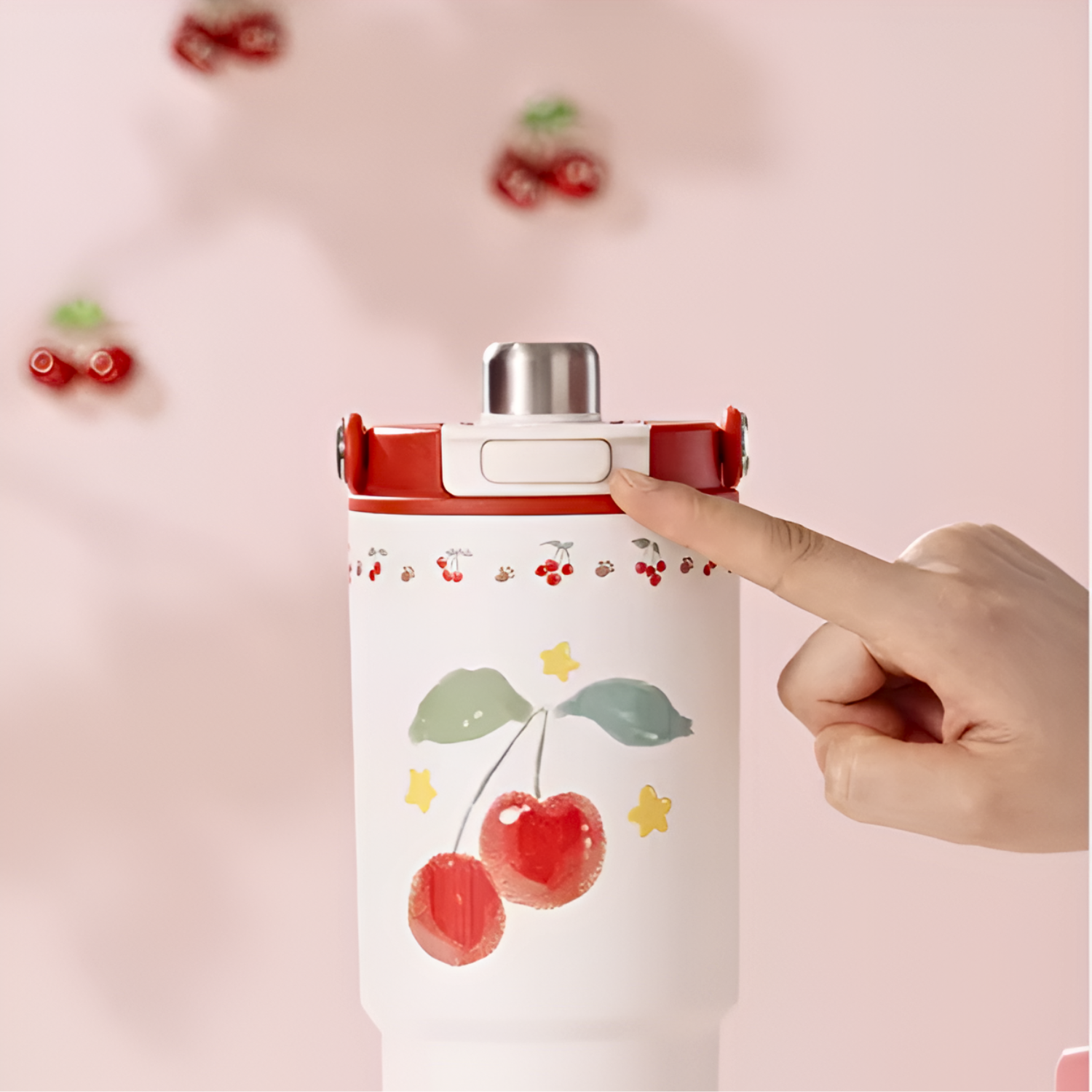 Diller Cherry Cartoon 900ml Insulated Thermal Vacuum Tumbler Ceramic Liner Portable Water Flask