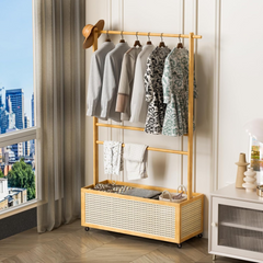 Bamboo Clothes Hanger with Bottom Laundry Basket and Wheels