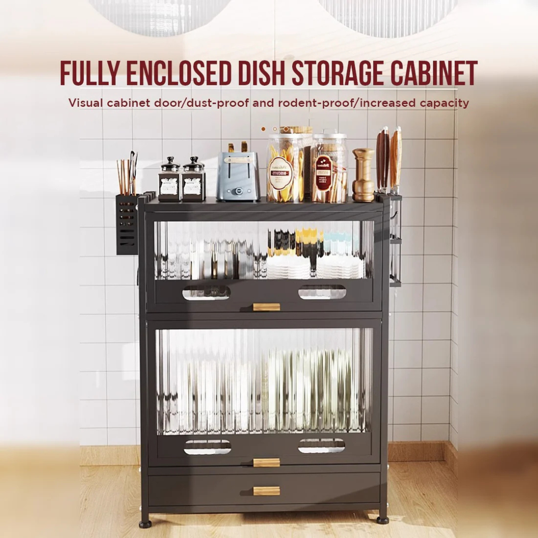 Dish Drainer Rack with Drawer & Lid Cover - Kitchen Countertop Storage Cabinet