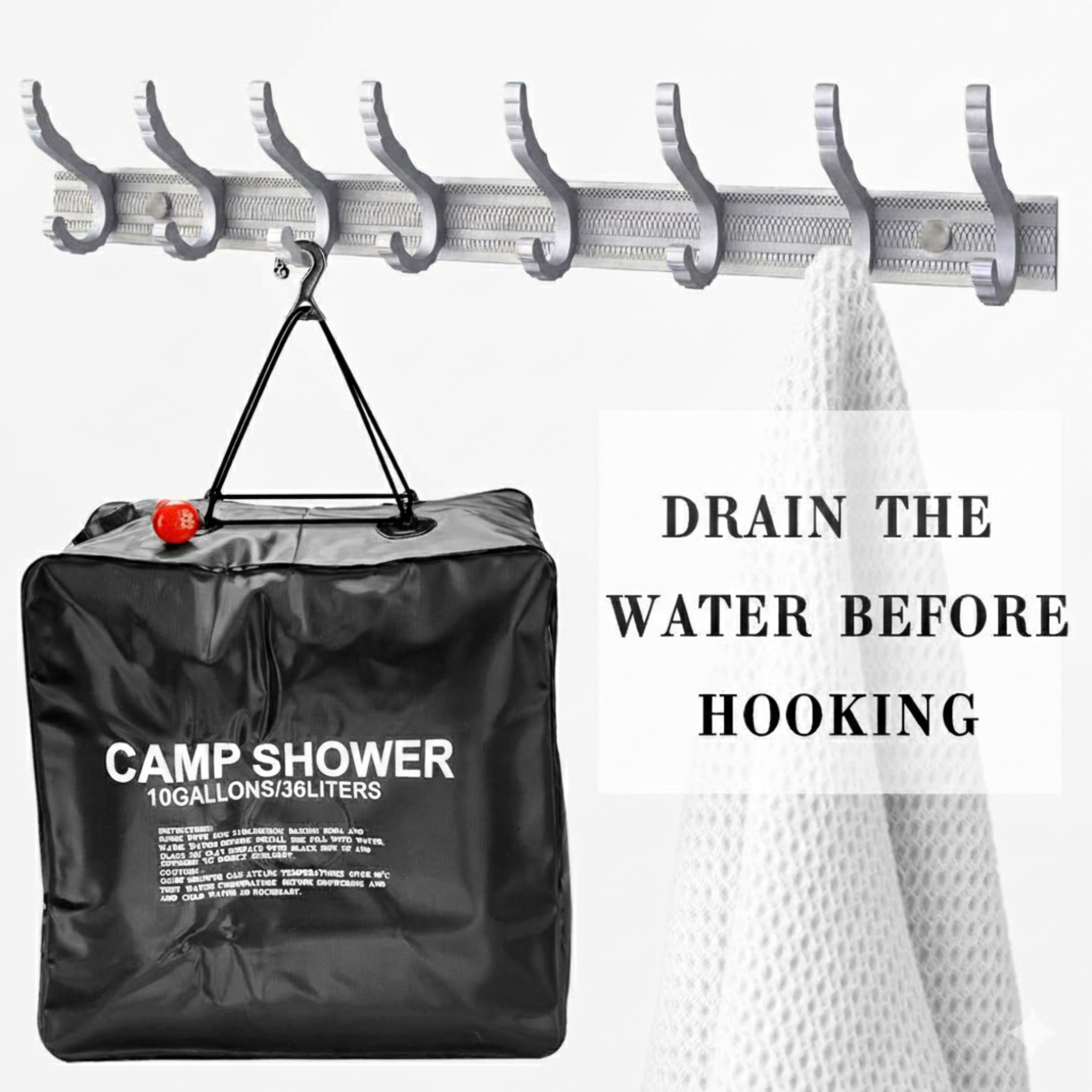 10 Gallon / 36 Liter Portable Camping Shower Bag with Removable Hose and On-Off Switch