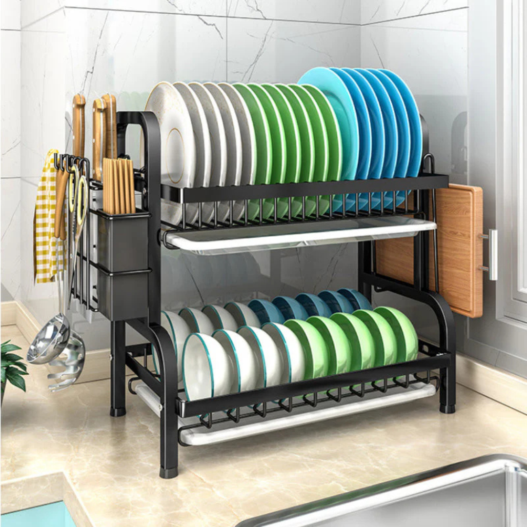 2 Layer Dish Drying Rack with Drain Tray