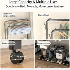 Clothes Organizer Stand with Wheels, 48 Kg Heavy Duty Double Layer Garment Hanger Rack