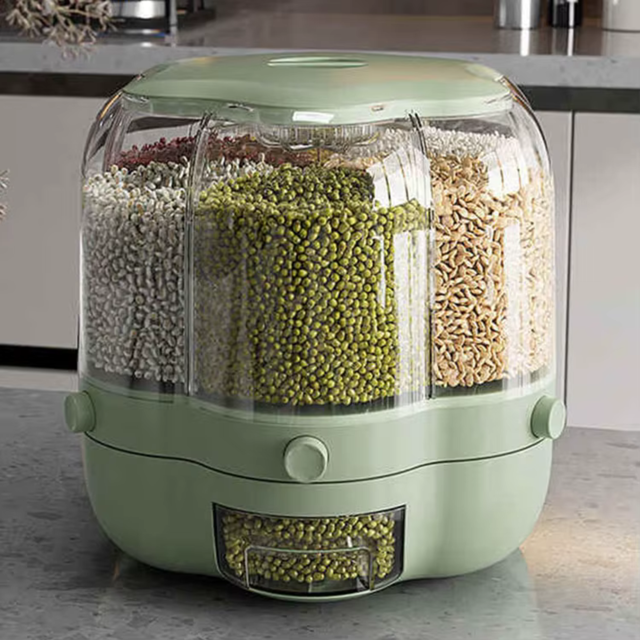 6 Grid Rotating 6.5Kg Rice & Cereal Dispenser Storage Organizer, One-click Rice Output Light Green