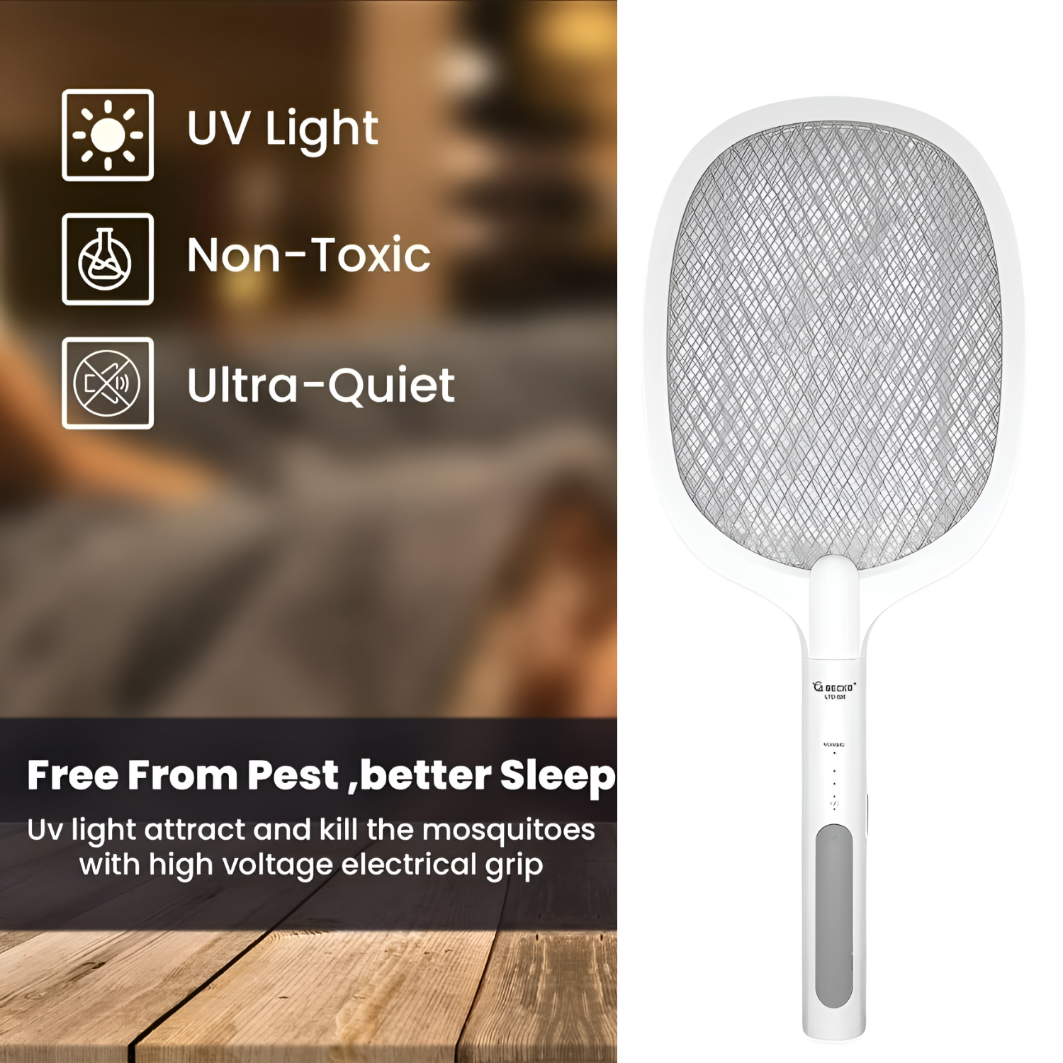 Gecko LTD-638 Electric Mosquito Swatter, Rechargeable Handheld Fly Killer Racket