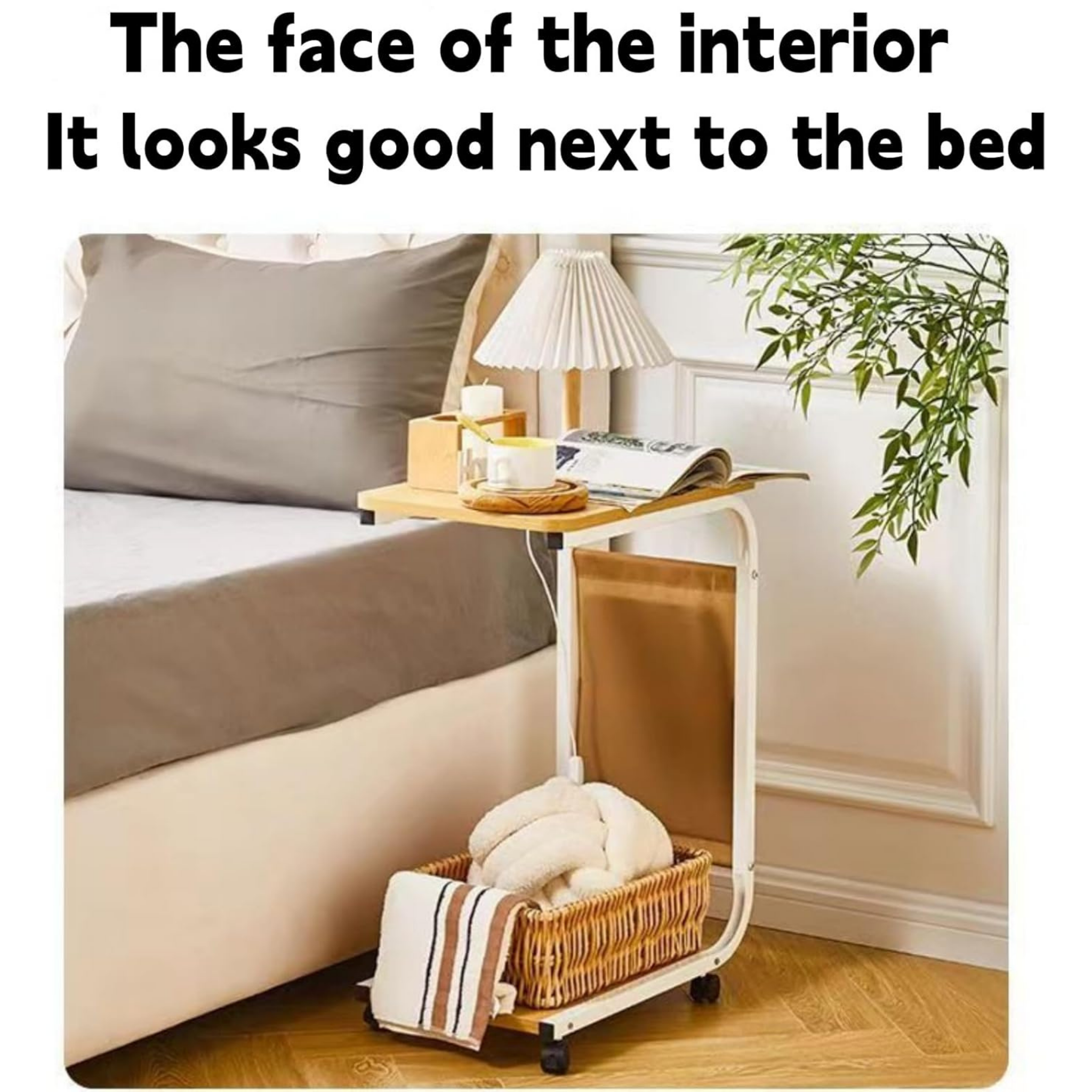 C Shaped Bedside Coffee Table with Side Pocket & Wheels