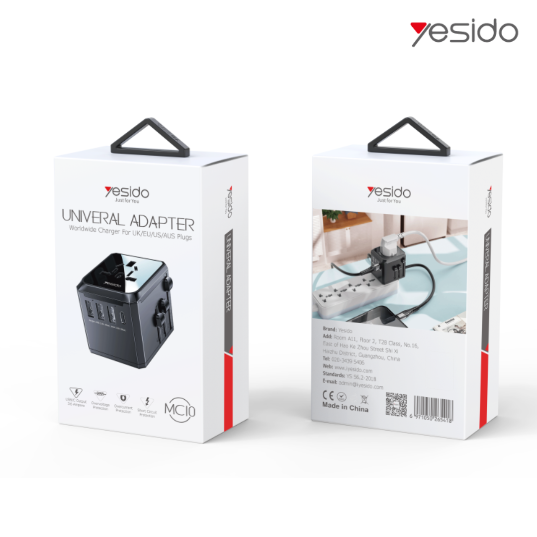 Yesido MC10 Universal Travel Adapter - UK/EU/US/AUS Plugs, 3 USB + 1 USB-C Port